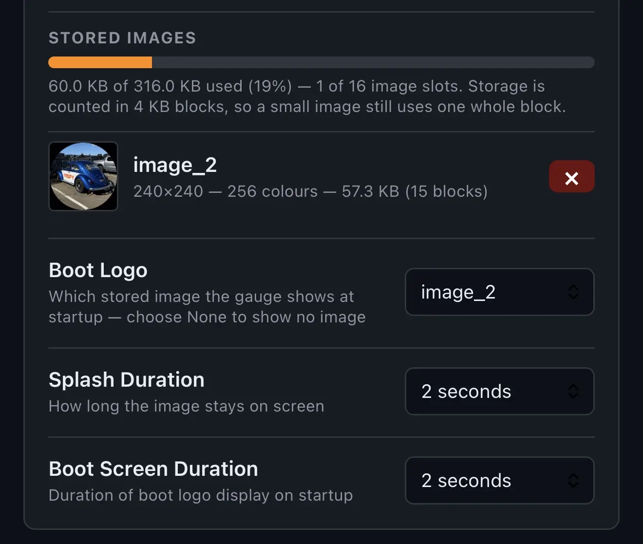 Saved images list with storage used and splash screen settings