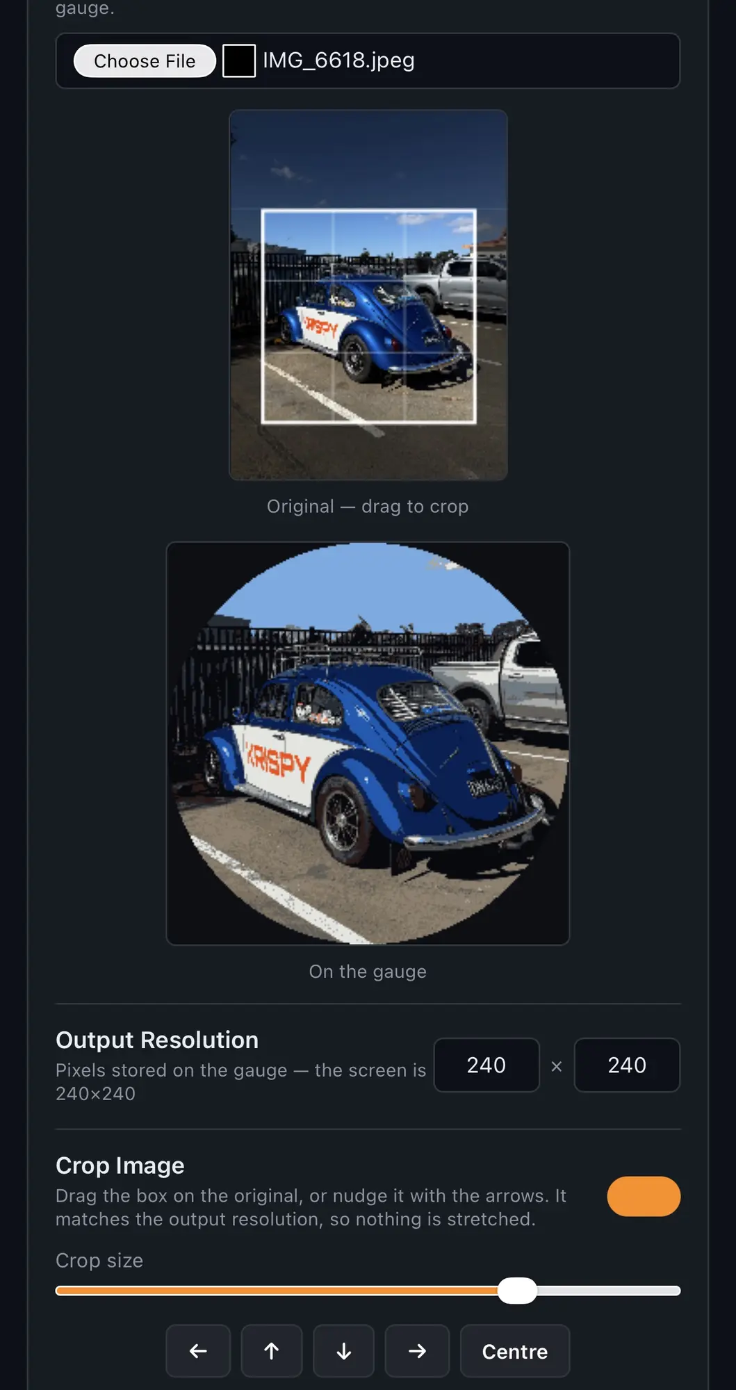 Positioning, scaling and cropping an image for the round gauge screen