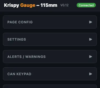 KrispyGauge Web UI showing the Connected status