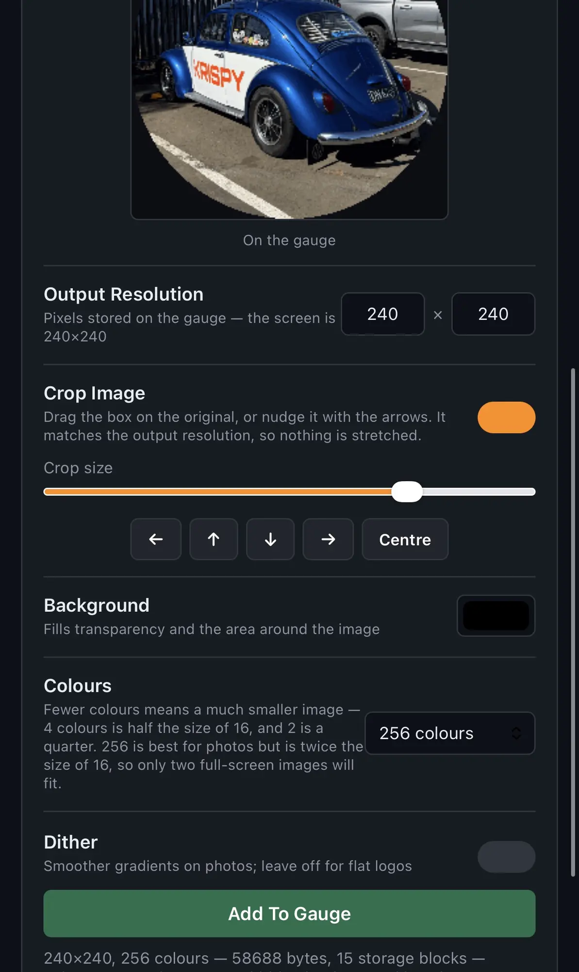 Colour and dither settings with the Add to Gauge button